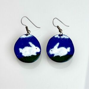 Blue Green White Enamel Rabbit Bunny Non Magnetic Hook Earrings